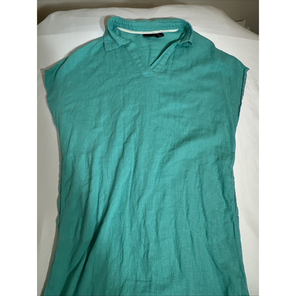 Tahari Women Teal Green Linen Blend V-Neck Shift Dress with Pockets Size M